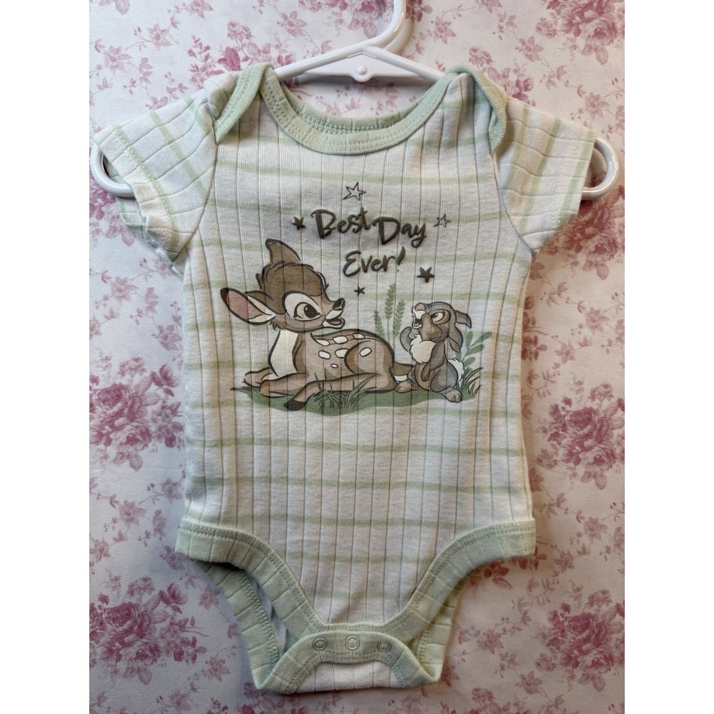 Disney Baby Bambi Thumper Best Day Ever Bodysuit 0-3 Months Green Striped